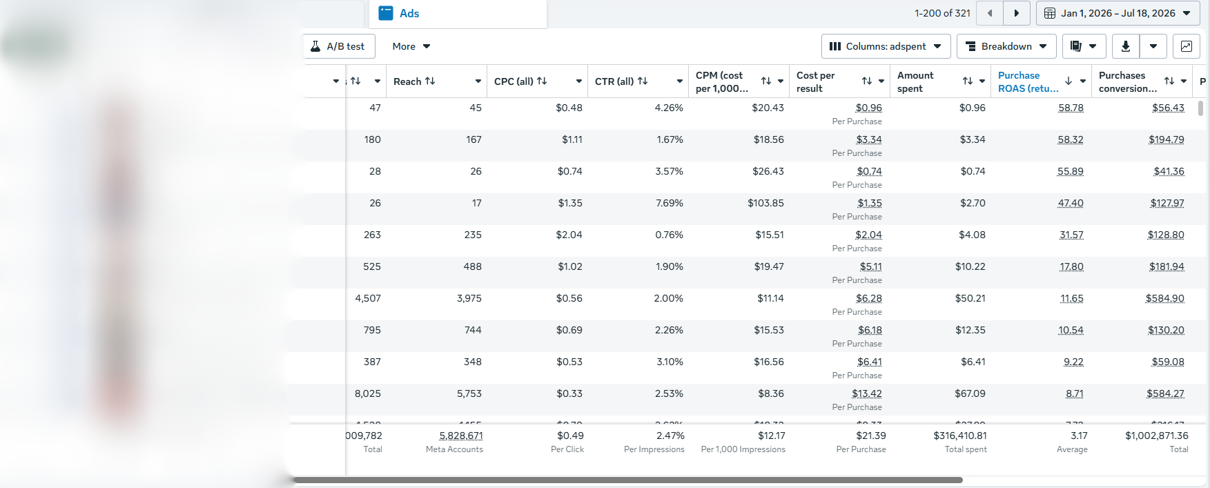 Meta Ads Manager dashboard showing $316,410.81 total spent and 3.17 average Purchase ROAS with $1,002,871.36 in purchases